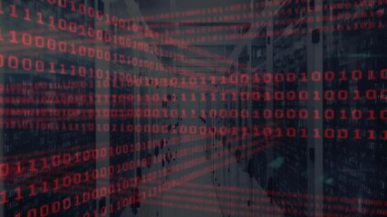 Poster - Opening server rack aisle activating red binary code scrolling across hall for showing data scan