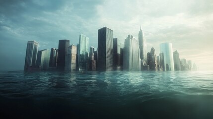 Poster - An artistic representation of rising sea levels with a submerged coastal cityscape, buildings partially underwater, highlighting the potential consequences of climate change