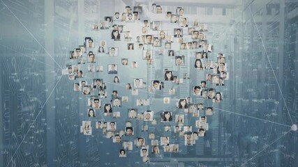 Poster - Cluster of square headshots appearing in server racks forming rotating sphere mapping network flow