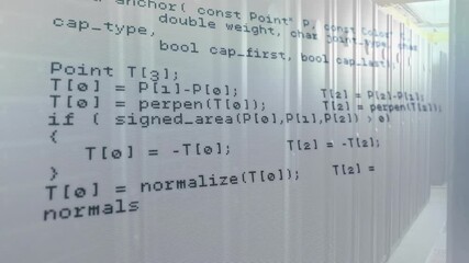 Poster - Opening translucent C++ code scrolling upward, revealing HTTP response loop and geometry functions