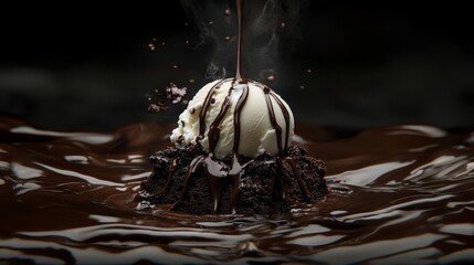 Poster - A close-up of a chocolate brownie topped with a scoop of vanilla ice cream and drizzled with chocolate sauce, creating an indulgent dessert scene