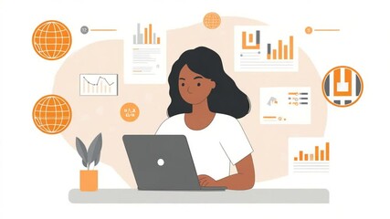 Poster - Young woman working at her laptop amidst data visualizations and analysis, innovative finance
