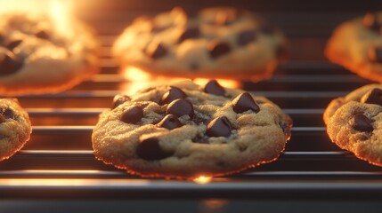 Poster - A close-up of a chocolate chip cookie with gooey chocolate chips, fresh out of the oven, set on a cooling rack with a warm, inviting glow