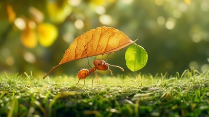 Poster - A close-up view of an ant carrying a tiny leaf, showcasing its intricate body structure and details, set against a blurred green background of grass
