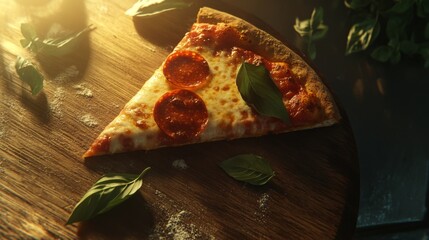 Aufkleber - A delicious slice of New York-style pizza topped with pepperoni and melted cheese, with fresh basil leaves placed artfully on a wooden pizza peel