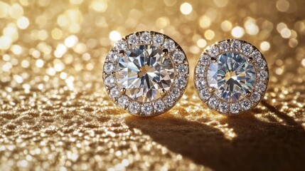 Leinwandbilder - A detailed macro view of a pair of classic diamond earrings resting on a textured surface, with soft shadows enhancing the depth and dimension