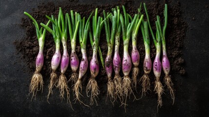 Aufkleber - A dramatic shot of shallots being harvested from the soil, with dirt clinging to their roots and green tops, showcasing the farm-to-table concept
