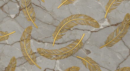 Poster - Golden feathers on marble texture background