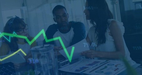 Poster - upon graph appearing, woman explaining charts for business analysis while left woman tapping tablet