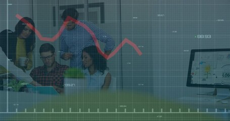 Poster - Business colleagues aligning strategy after line graph fluctuating while reviewing data and typing