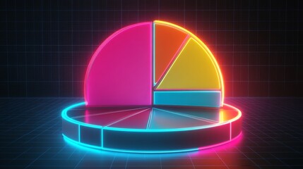 Poster - A futuristic D pie chart with floating segments, each glowing with neon lights, set against a dark grid background, representing financial data visualization