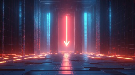 Poster - A futuristic D bar chart with tall, glowing columns and an upward trending arrow, hovering over a dark digital background filled with grid patterns
