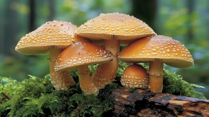 Poster - A group of mushrooms on a log, each topped with glistening dew droplets, captured in soft morning light filtering through the trees