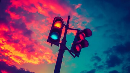 Aufkleber - A low-angle shot of a traffic light against a vibrant sunset sky, with the light casting long shadows on the ground, creating a dramatic and colorful scene