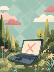Poster - Closed Laptop Amidst Colorful Nature Elements Promotes the Idea of a Digital Detox in a Serene Outdoor Setting