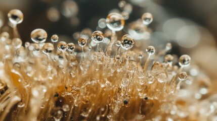 Poster - A macro shot of a mushroom with clear water droplets clinging to its gills, highlighting the intricate details of the fungi against a soft-focus backdrop