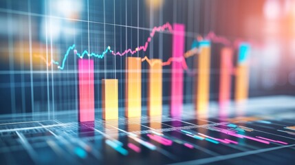 Leinwandbilder - A professional bar chart with bold, colorful bars rising in front of a clean, minimalist grid background, symbolizing financial performance and growth