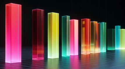 Poster - A row of vibrant, glass-like bars in a financial bar chart, with each bar glowing softly against a sleek, dark grid background, representing economic growth