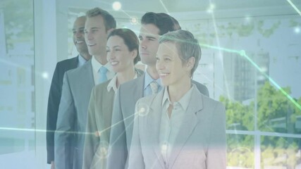 Poster - Business team watching network overlay fading over time in office showing tech integration