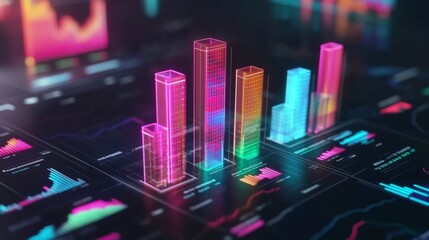 Poster - A set of glossy D bars rising dramatically from a financial dashboard, with neon highlights and subtle lighting effects to convey financial growth
