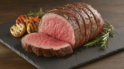 Poster - A sliced steak with a juicy pink center, neatly arranged on a dark slate plate with rosemary and grilled vegetables placed decoratively around it