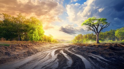 Poster - A stark contrast between a vibrant forest and an area devastated by logging, emphasizing the impact of human activity on natural ecosystems and global warming