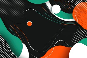 Aufkleber - Abstract design with orange, teal, white circles, lines, and textured shapes on black