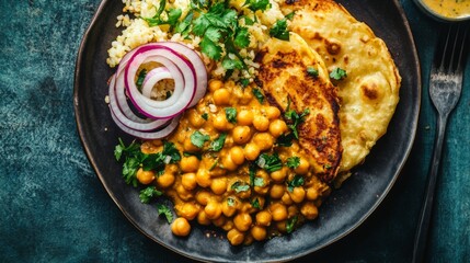 Poster - A top-down view of a vibrant plate of chole bhature, featuring spicy chickpeas served with deep-fried bread, garnished with onion slices and fresh herbs