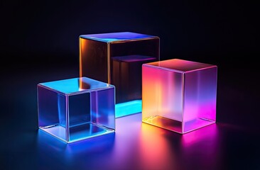 Poster - Three transparent cubes, vibrant colors glowing against a dark backdrop, creating light
