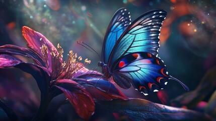 Poster - Blue butterfly perched on a vibrant flower, capturing delicate details, nature concept