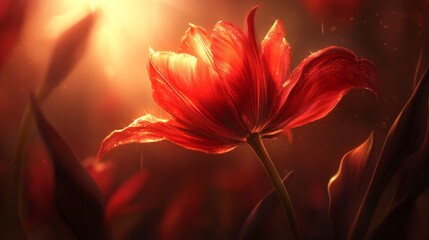Aufkleber - Close-up of a red tulip with soft light shining through its petals, showing texture and detail