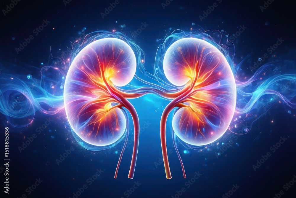 Human kidneys anatomy medical illustration glowing Stock Photo | Adobe ...