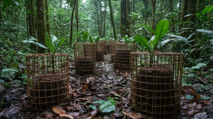Poster - Rows of protective wire cages surrounding young saplings in a reforestation area, ensuring their growth and safety in a rehabilitated forest
