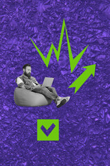 Aufkleber - Template sketch trend artwork 3D photo collage of trade analyzing goal business graphics young man sit beanbag work laptop arrow up