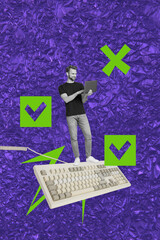 Aufkleber - Sketch design trend artwork poster photo collage of psychedelic young man stand keypad work laptop virtual computer online netbook remote