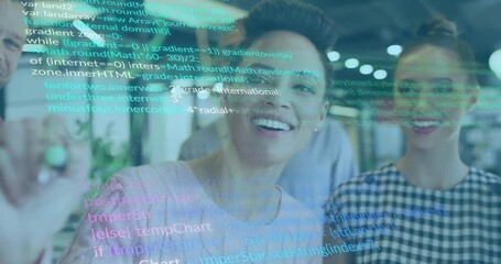Poster - Woman tracing code on transparent board triggers animated code overlay, engaging team in technology