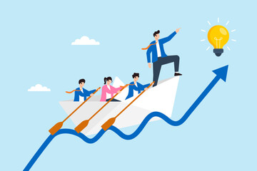 Poster - Flat illustration of business leader navigating paper boat with team on rising graph wave toward innovation and startup success