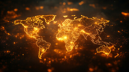 Poster - A glowing digital network world map illustrating global connectivity and data flow. Abstract visualization of technology, communication, and interconnected systems across the globe.

