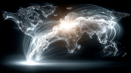 Poster - A glowing digital network world map illustrating global connectivity and data flow. Abstract visualization of technology, communication, and interconnected systems across the globe.

