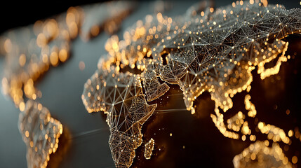 Poster - A glowing digital network world map illustrating global connectivity and data flow. Abstract visualization of technology, communication, and interconnected systems across the globe.

