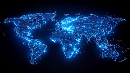 Poster - A glowing digital network world map illustrating global connectivity and data flow. Abstract visualization of technology, communication, and interconnected systems across the globe.

