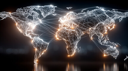 Poster - A glowing digital network world map illustrating global connectivity and data flow. Abstract visualization of technology, communication, and interconnected systems across the globe.

