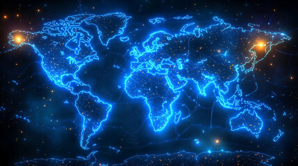 Poster - A glowing digital network world map illustrating global connectivity and data flow. Abstract visualization of technology, communication, and interconnected systems across the globe.

