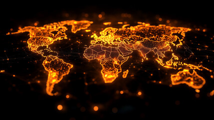 Poster - A glowing digital network world map illustrating global connectivity and data flow. Abstract visualization of technology, communication, and interconnected systems across the globe.

