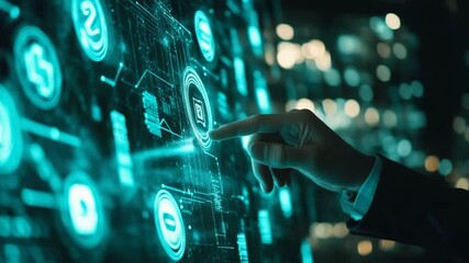 Fototapete - Abstract Technology Interface with Glowing Symbols and Finger Touch, Data Visualization