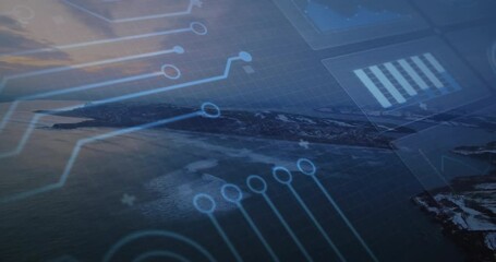 Poster - After two seconds, circuit lines fading in over dusk shore, pulsing nodes and bars visualizing data