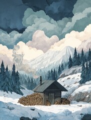 Aufkleber - Snowy Mountain Cabin Surrounded by Pine Trees With Woodpile and Smoke Rising From Chimney at Dawn