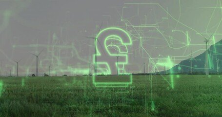Poster - Neon-green grid flickering over turbines initiating pound sign forming circuits for finance network