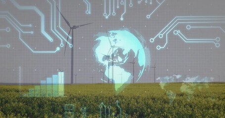 Poster - Glowing circuit lines fading as holographic globe rotating above turbines displaying energy chart