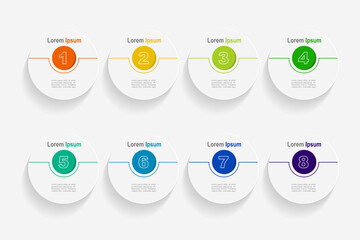 for business concept with 8 steps infographics, white circle shape and multicolor label ,design for 